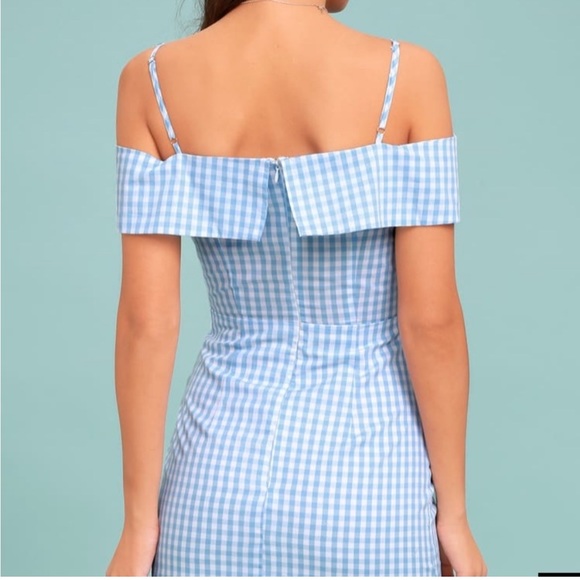 Lulu’s x re:named Blue Gingham Off the Shoulder Spaghetti Strap Summer Dress - Picture 3 of 7